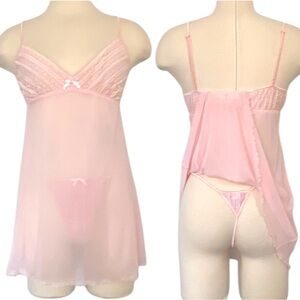 Y2K Victoria’s Secret Mesh Pink Vintage Babydoll Chemise Thong Panty 2 PC Set L